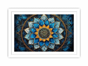 Blue lotus mandala wall art with intricate floral geometry and golden spiritual accents.