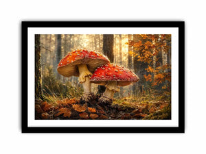 Luxury autumn mushroom forest canvas art for modern living room decor.