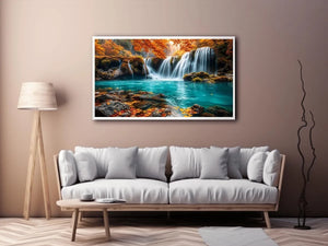 Luxury turquoise waterfall canvas art for modern living room decor.