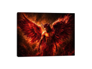 Dark fantasy angel wall art with crimson wings for dramatic modern living room decor.