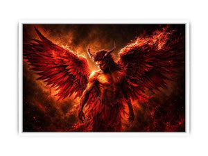 Dark fantasy angel wall art with crimson wings for dramatic modern living room decor.