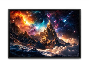 Cosmic mountain wall art with glowing galaxy sky for modern living room and luxury office decor.
