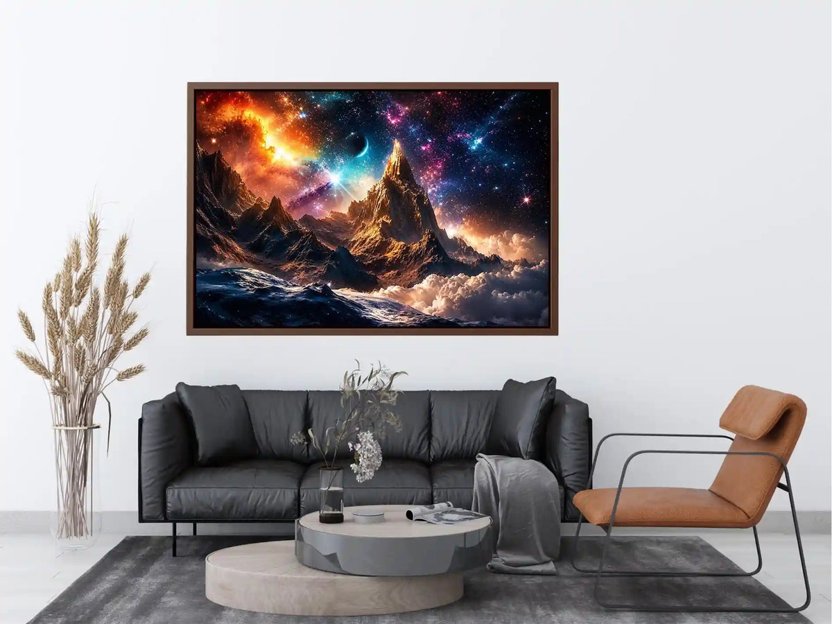Cosmic mountain wall art with glowing galaxy sky for modern living room and luxury office decor.