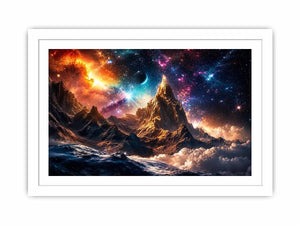Cosmic mountain wall art with glowing galaxy sky for modern living room and luxury office decor.