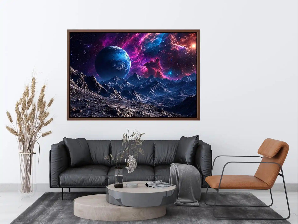 Cosmic planet wall art with vibrant nebula sky for modern living room and gaming room decor.