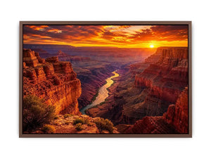 Grand canyon sunset wall art with glowing river landscape for warm modern living room decor.