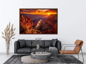Grand canyon sunset wall art with glowing river landscape for warm modern living room decor.