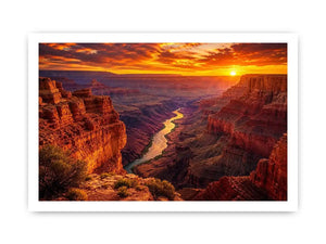 Grand canyon sunset wall art with glowing river landscape for warm modern living room decor.