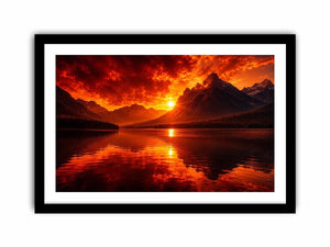 Fiery sunset mountain lake wall art with glowing reflections for dramatic modern living room decor.