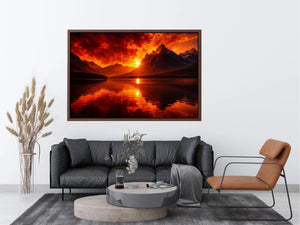 Fiery sunset mountain lake wall art with glowing reflections for dramatic modern living room decor.