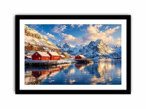 Scandinavian winter village wall art with snowy mountains and calm reflective water for cozy modern interiors.