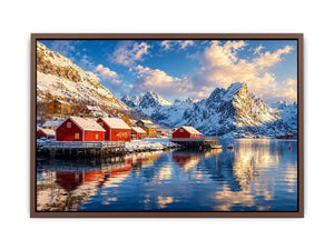 Scandinavian winter village wall art with snowy mountains and calm reflective water for cozy modern interiors.