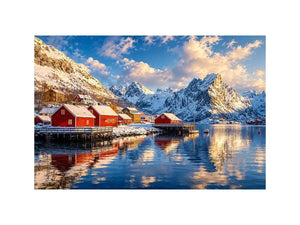 Scandinavian winter village wall art with snowy mountains and calm reflective water for cozy modern interiors.