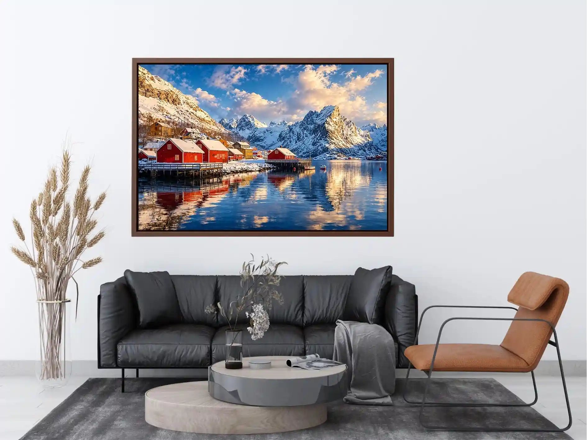 Scandinavian winter village wall art with snowy mountains and calm reflective water for cozy modern interiors.