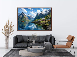 Nordic fjord village wall art with snowy mountains and calm water reflections for serene modern interiors.