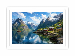 Nordic fjord village wall art with snowy mountains and calm water reflections for serene modern interiors.