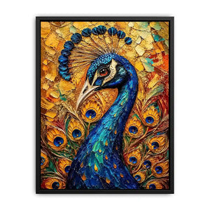 Colorful peacock wall art with rich blue and gold textures for elegant luxury interiors.