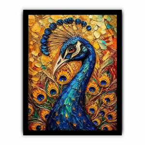 Colorful peacock wall art with rich blue and gold textures for elegant luxury interiors.