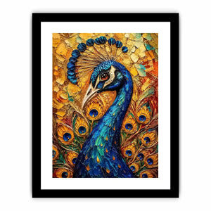 Colorful peacock wall art with rich blue and gold textures for elegant luxury interiors.