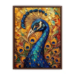Colorful peacock wall art with rich blue and gold textures for elegant luxury interiors.