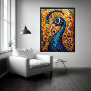 Colorful peacock wall art with rich blue and gold textures for elegant luxury interiors.