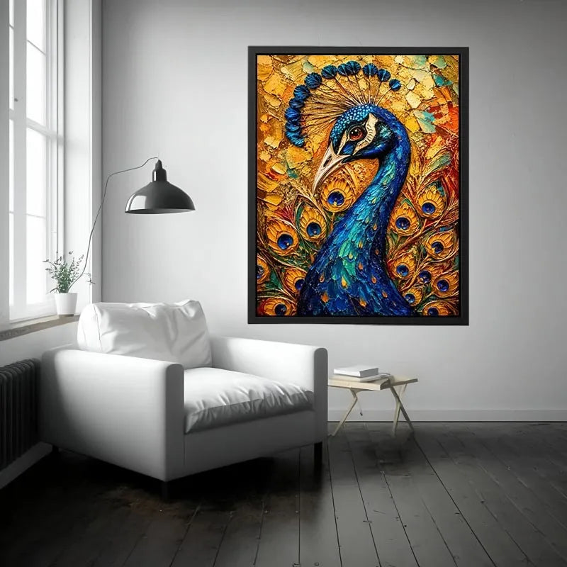 Colorful peacock wall art with rich blue and gold textures for elegant luxury interiors.