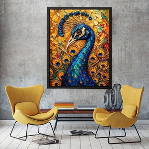 Colorful peacock wall art with rich blue and gold textures for elegant luxury interiors.