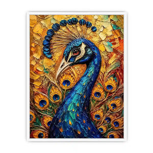 Colorful peacock wall art with rich blue and gold textures for elegant luxury interiors.