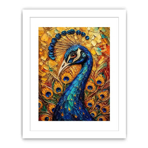 Colorful peacock wall art with rich blue and gold textures for elegant luxury interiors.