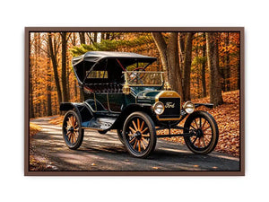 Vintage Ford car wall art canvas in autumn forest, classic automobile photography decor for living room or office