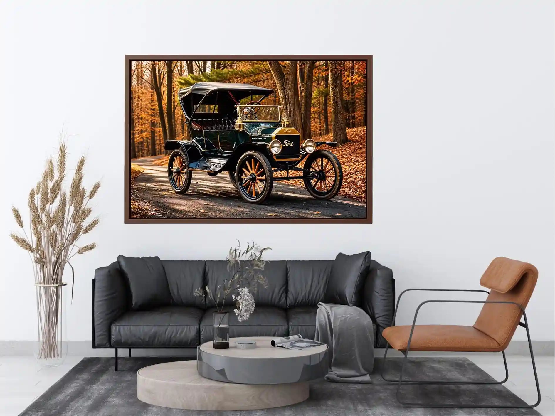 Vintage Ford car wall art canvas in autumn forest, classic automobile photography decor for living room or office