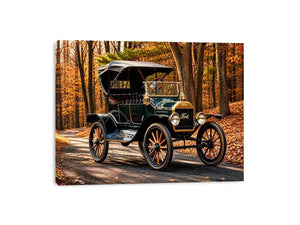 Vintage Ford car wall art canvas in autumn forest, classic automobile photography decor for living room or office