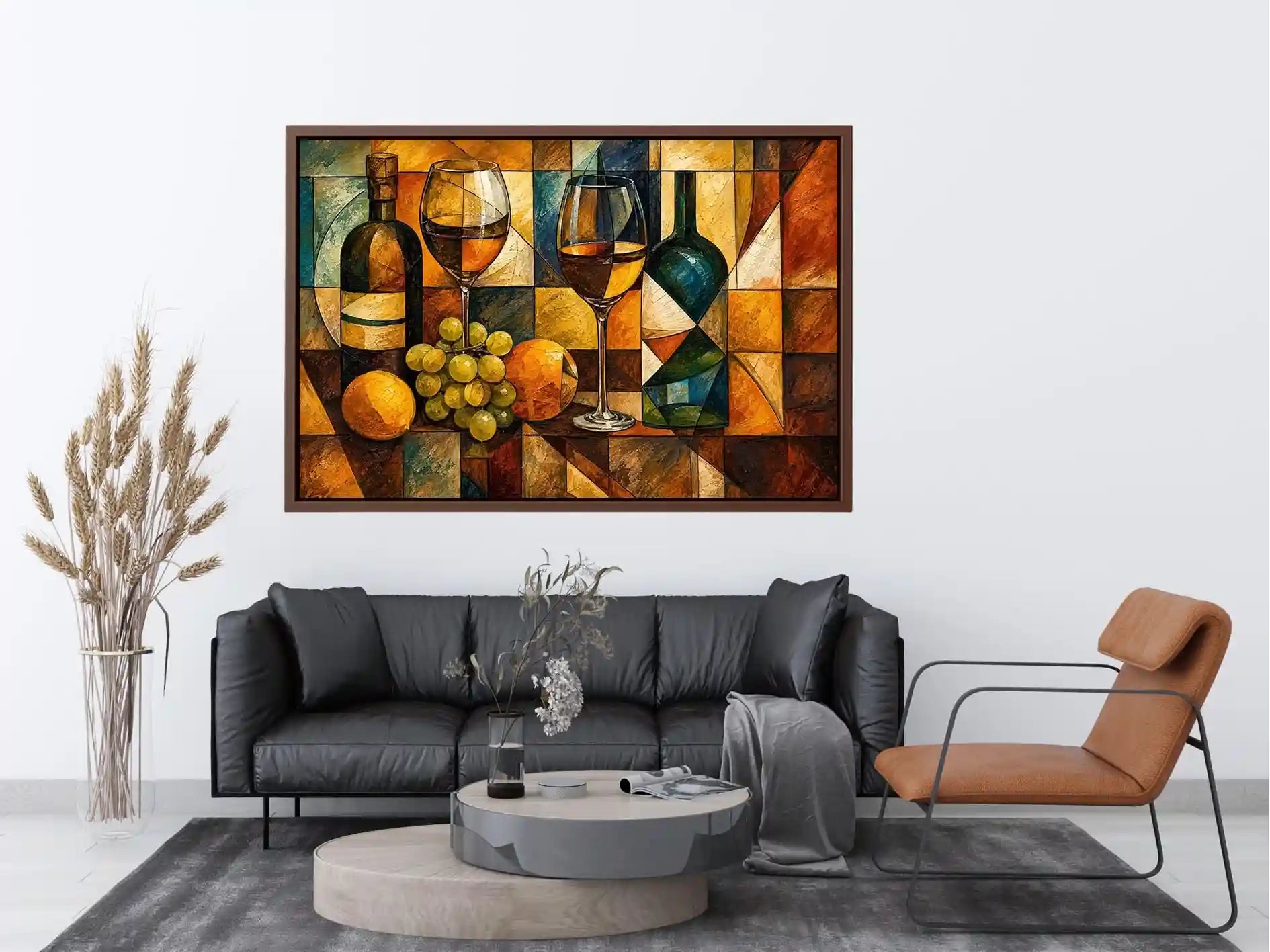 Modern cubist wine still life canvas art for elegant dining room and luxury living room decor.