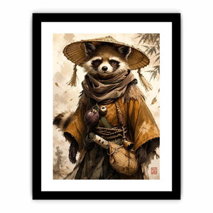 Fantasy raccoon wanderer canvas art for modern office, gaming room, and contemporary living room decor.