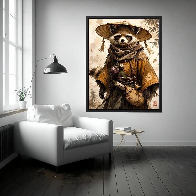 Fantasy raccoon wanderer canvas art for modern office, gaming room, and contemporary living room decor.
