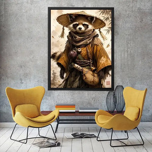 Fantasy raccoon wanderer canvas art for modern office, gaming room, and contemporary living room decor.