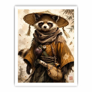 Fantasy raccoon wanderer canvas art for modern office, gaming room, and contemporary living room decor.