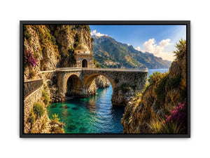 Mediterranean coastal bridge canvas art with turquoise sea for luxury living room and beach house decor.