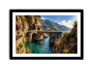 Mediterranean coastal bridge canvas art with turquoise sea for luxury living room and beach house decor.