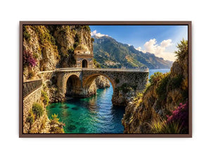 Mediterranean coastal bridge canvas art with turquoise sea for luxury living room and beach house decor.