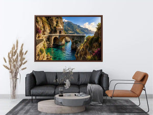 Mediterranean coastal bridge canvas art with turquoise sea for luxury living room and beach house decor.