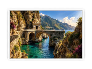 Mediterranean coastal bridge canvas art with turquoise sea for luxury living room and beach house decor.