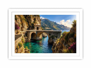 Mediterranean coastal bridge canvas art with turquoise sea for luxury living room and beach house decor.