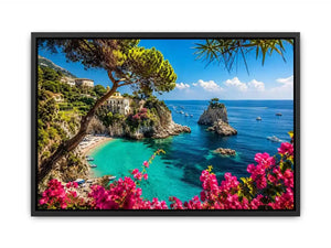 Mediterranean coastal paradise canvas art with turquoise sea for luxury living room and beach house decor.