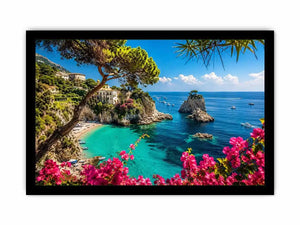 Mediterranean coastal paradise canvas art with turquoise sea for luxury living room and beach house decor.