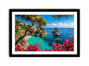 Mediterranean coastal paradise canvas art with turquoise sea for luxury living room and beach house decor.
