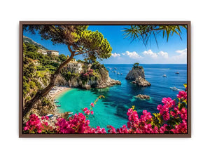 Mediterranean coastal paradise canvas art with turquoise sea for luxury living room and beach house decor.