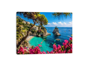 Mediterranean coastal paradise canvas art with turquoise sea for luxury living room and beach house decor.