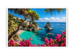 Mediterranean coastal paradise canvas art with turquoise sea for luxury living room and beach house decor.