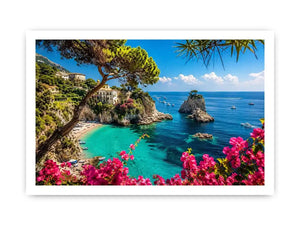 Mediterranean coastal paradise canvas art with turquoise sea for luxury living room and beach house decor.